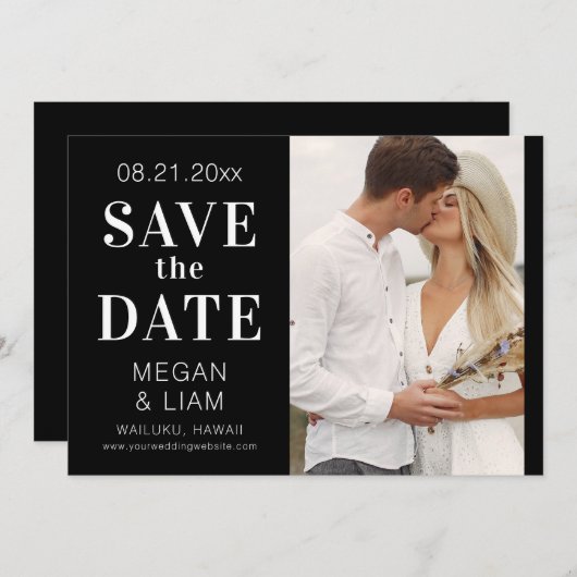 シンプル黒モダンと白の写真 セーブザデート (正面/裏面)