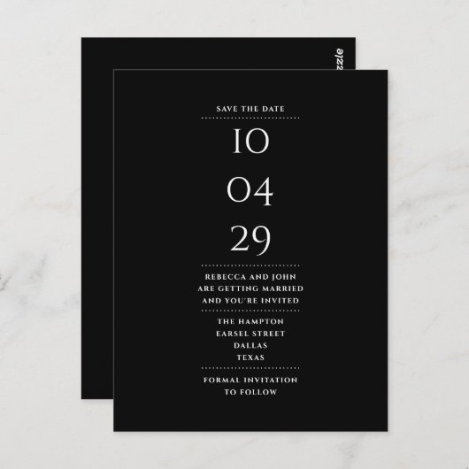 シンプル黒モダンと白の日付を保存 ポストカード (正面/裏面)