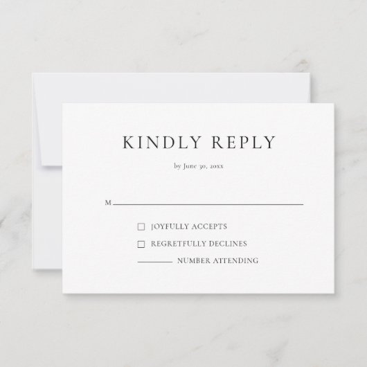 シンプル黒モダンと白のRSVP返信カード (正面)