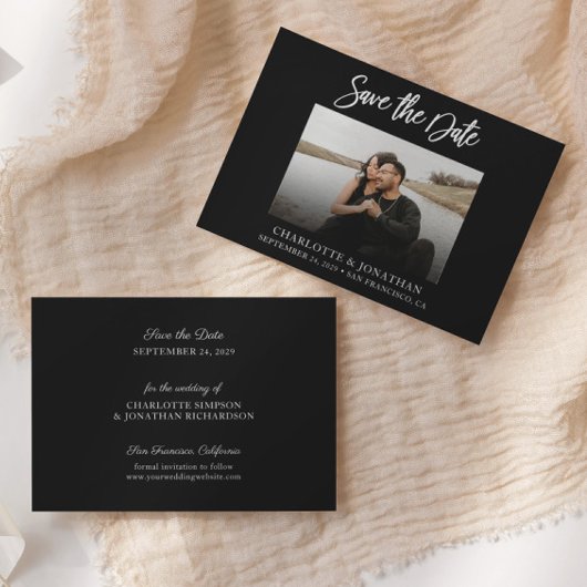 シンプル黒モダン白の写真日付を保存 サンキューカード