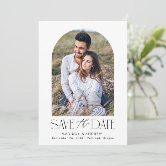 シンプル黒モダン白アーチ写真 セーブザデート (スタンド正面)