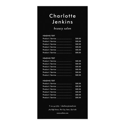 シンプル黒モダン白サロンサービスのメニュー ラックカード (正面)