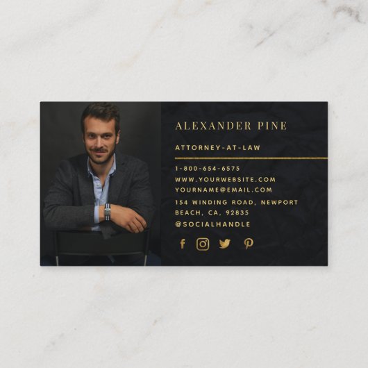 シンプル黒モダン金ゴールドスクエアプロフェッショナル写真 名刺 (裏面)