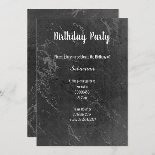シンプル黒大理石すべての行事誕生日 招待状 (正面/裏面)