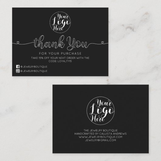 シンプル黒手書きハートお客様ありがとう 名刺 (正面/裏面)