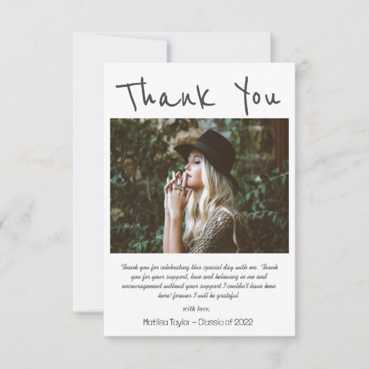 シンプル黒手書き写真の卒業 サンキューカード (正面)