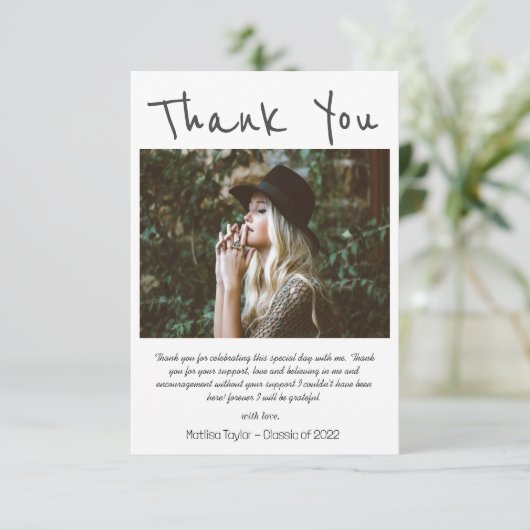 シンプル黒手書き写真の卒業 サンキューカード (スタンド正面)