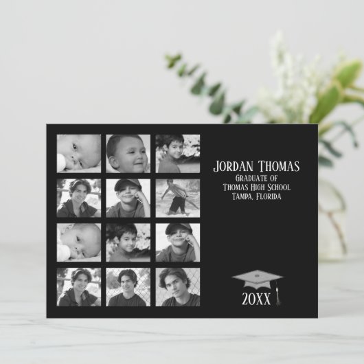 シンプル黒数々の写真卒業12写真 招待状 (スタンド正面)