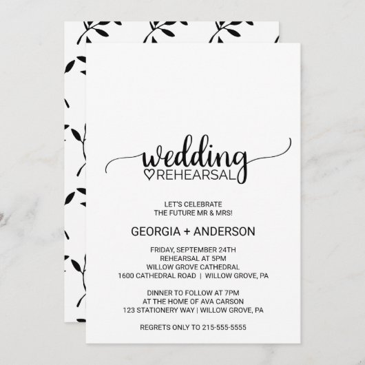 シンプル黒書のリハ結婚ーサル 招待状 (正面/裏面)