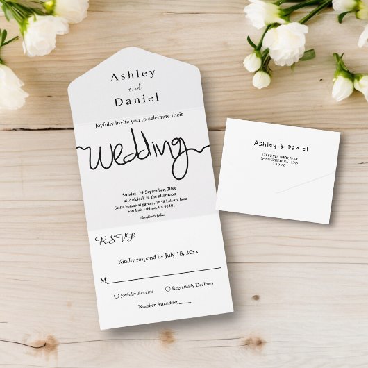 シンプル黒白の書道エレガントな結婚式 オールインワン招待状