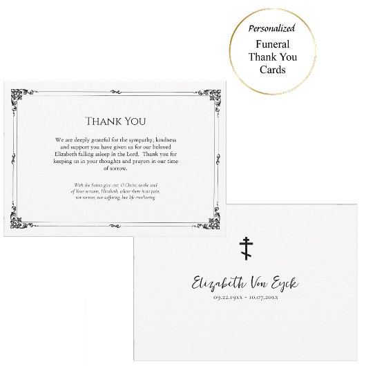シンプル黒白の正教会キリスト教葬儀 サンキューカード