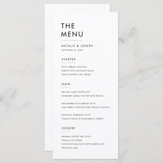 シンプル黒白エレガントなウェディングディナーフード メニュー (正面/裏面)