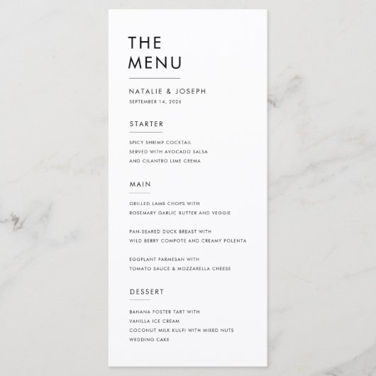 シンプル黒白エレガントなウェディングディナーフード メニュー (正面)
