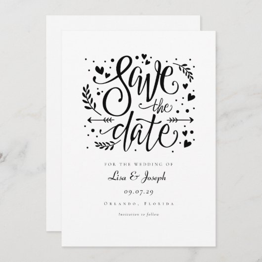 シンプル黒白スクリプ素朴ト日付の保存 招待状 (正面/裏面)