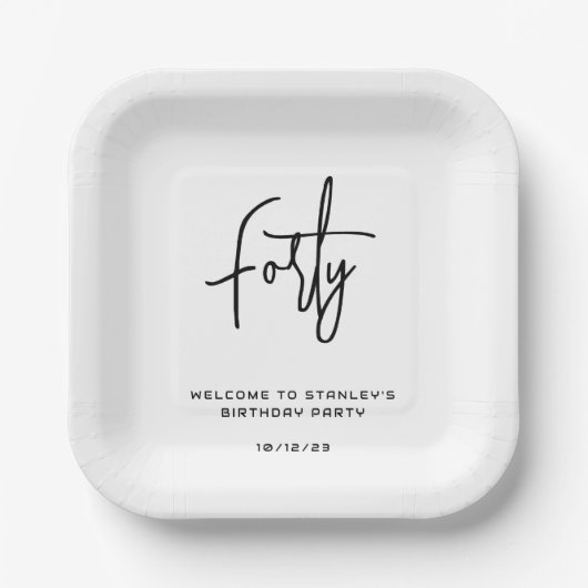 シンプル黒白40歳の誕生日パーティー ペーパープレート (正面)