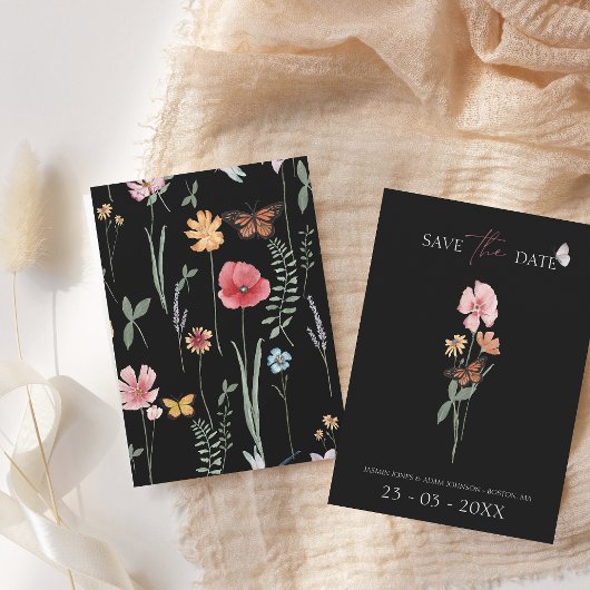 シンプル黒野カラフル花フローラ結婚ズ セーブザデート