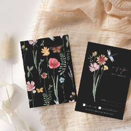 シンプル黒野カラフル花フローラ結婚ズ 出欠カード