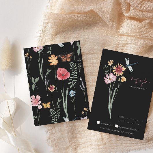 シンプル黒野カラフル花フローラ結婚ズ 出欠カード