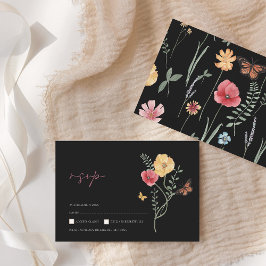 シンプル黒野カラフル花フローラ結婚ズ 出欠カード