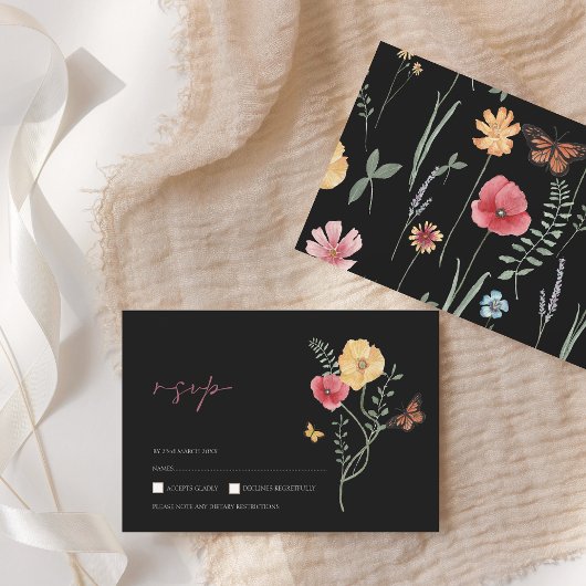 シンプル黒野カラフル花フローラ結婚ズ 出欠カード