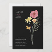 シンプル黒野カラフル花フローラ結婚ズ 招待状 (正面)