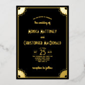 シンプル黒金ゴールドアールデコレトロフローラ結婚ズ 箔招待状 (正面)