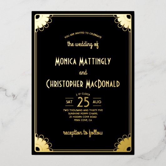 シンプル黒金ゴールドアールデコレトロフローラ結婚ズ 箔招待状 (正面)