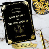 シンプル黒金ゴールドアールデコレトロフローラ結婚ズ 箔招待状