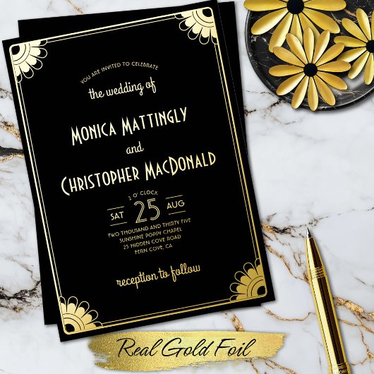 シンプル黒金ゴールドアールデコレトロフローラ結婚ズ 箔招待状