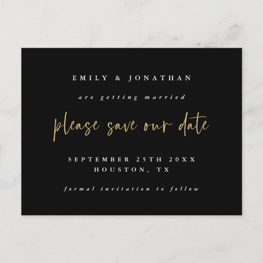 シンプル黒金ゴールドスクリプトウェディング日付の保存 案内ポストカード (正面)