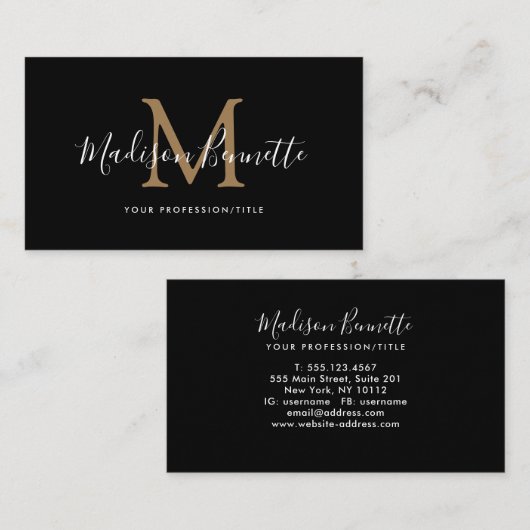 シンプル黒金ゴールドスクリプトタイポグラフィモノグラム 名刺 (正面/裏面)