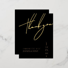 シンプル黒金ゴールドスクリプ結婚トの感謝金ゴールド 箔招待状ポストカード