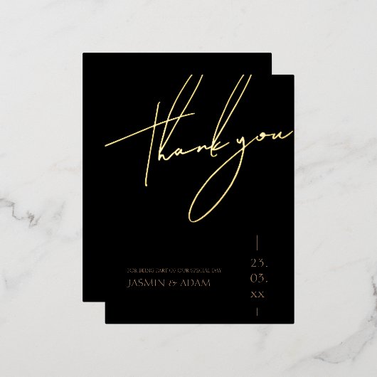 シンプル黒金ゴールドスクリプ結婚トの感謝金ゴールド 箔招待状ポストカード (正面/裏面)