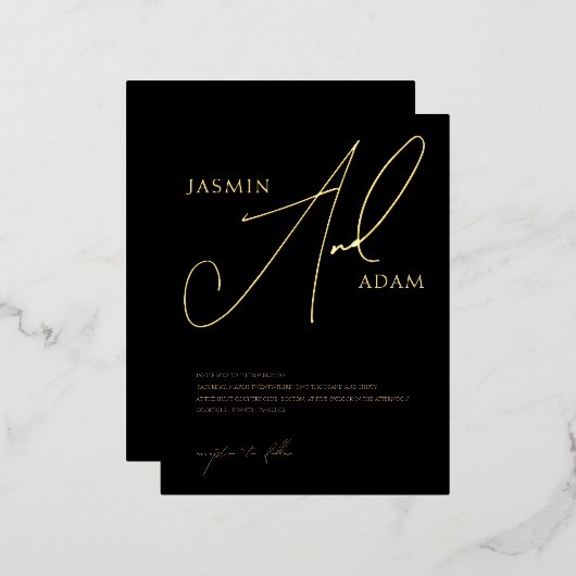 シンプル黒金ゴールドスクリプ結婚トの金ゴールド 箔招待状ポストカード (正面/裏面)