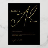 シンプル黒金ゴールドスクリプ結婚トの金ゴールド 箔招待状ポストカード (正面)