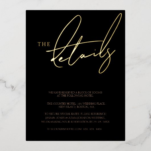 シンプル黒金ゴールドタイポグラフィ結婚の詳細金ゴールド 箔招待状ポストカード (正面)