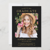 シンプル黒金ゴールドブラシストローク写真卒業 案内状 (正面)