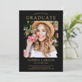 シンプル黒金ゴールドブラシストローク写真卒業 案内状 (スタンド正面)