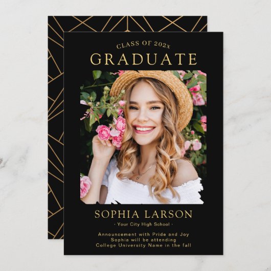 シンプル黒金ゴールドブラシストローク写真卒業 案内状 (正面/裏面)