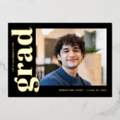 シンプル黒金ゴールド写真卒業パーティー 箔招待状 (正面)