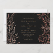 シンプル黒金ゴールド銅エレガントフローラ結婚ズ 招待状 (正面)