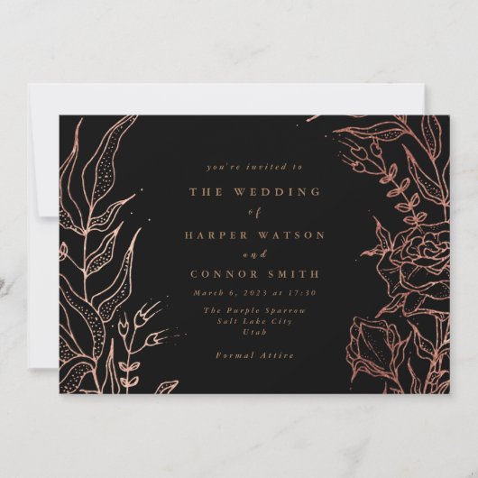 シンプル黒金ゴールド銅エレガントフローラ結婚ズ 招待状 (正面)