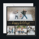 シンプル黒金ゴールド4 Photo Collage Happy シーズンカード<br><div class="desc">書エレガント道、ミニマルなブラックと金ゴールド4フォトコラージュHappy Holidayスクリプトカード。このフェスティバル、シンプル4枚(4)写真クリスマスホリデーカードはフォトコラージュを備えかわいらし、「ハッピーホリデー」と言う！「ハッピーホリデー」グリーティング書文字は、白い黒い背景の金ゴールドに美しい手でレタ渦巻形のーのスワッシュテールフォントタイプである。カードの裏面に白と1つの水平写真テンプレートの上に小さなハートドードルと個人的なグリーティングメッセージテンプレート。クリスマスかわいらしの休暇シーズンに友人や家族のためのグリーティングカード。</div>