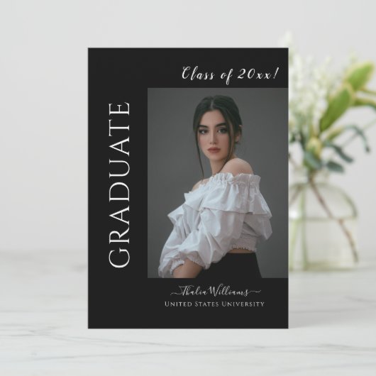 シンプル黒高校の写真卒業 招待状 (スタンド正面)