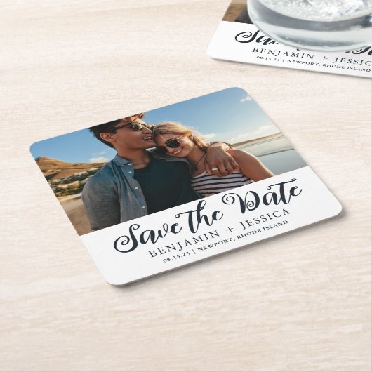 シンプル1枚の写真結婚式Date Navyを保存 スクエアペーパーコースター (アングル)