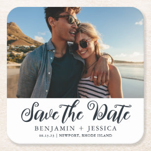 シンプル1枚の写真結婚式Date Navyを保存 スクエアペーパーコースター