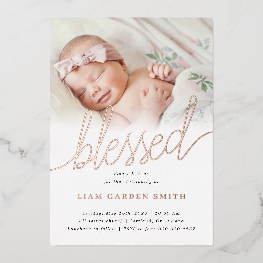 シンプル1枚の写真賛美バプテスマバラ金ゴールド 箔招待状 (正面)