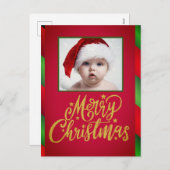 シンプル1枚の赤と緑のクリスマスストライプ シーズンポストカード (正面/裏面)