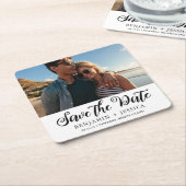 シンプル1枚フォトウェディング日付を黒く保存 スクエアペーパーコースター (アングル)