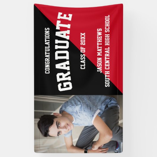 シンプル1枚フォトブラック赤卒業バナー 横断幕 (縦)